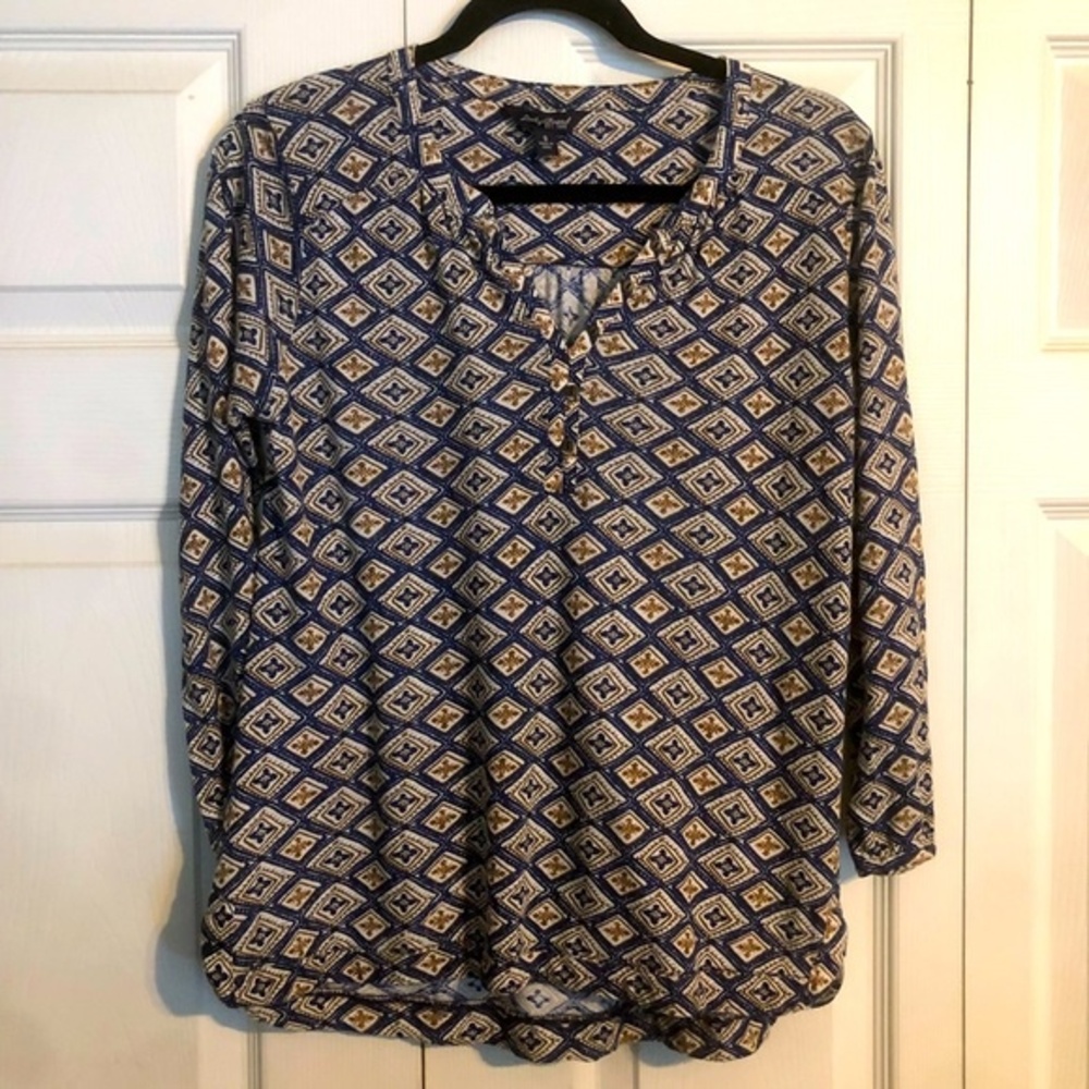 LUCKY BRAND Small Cotton Linen Top Blue Tan White Popover V-Neck Blouse Shirt
